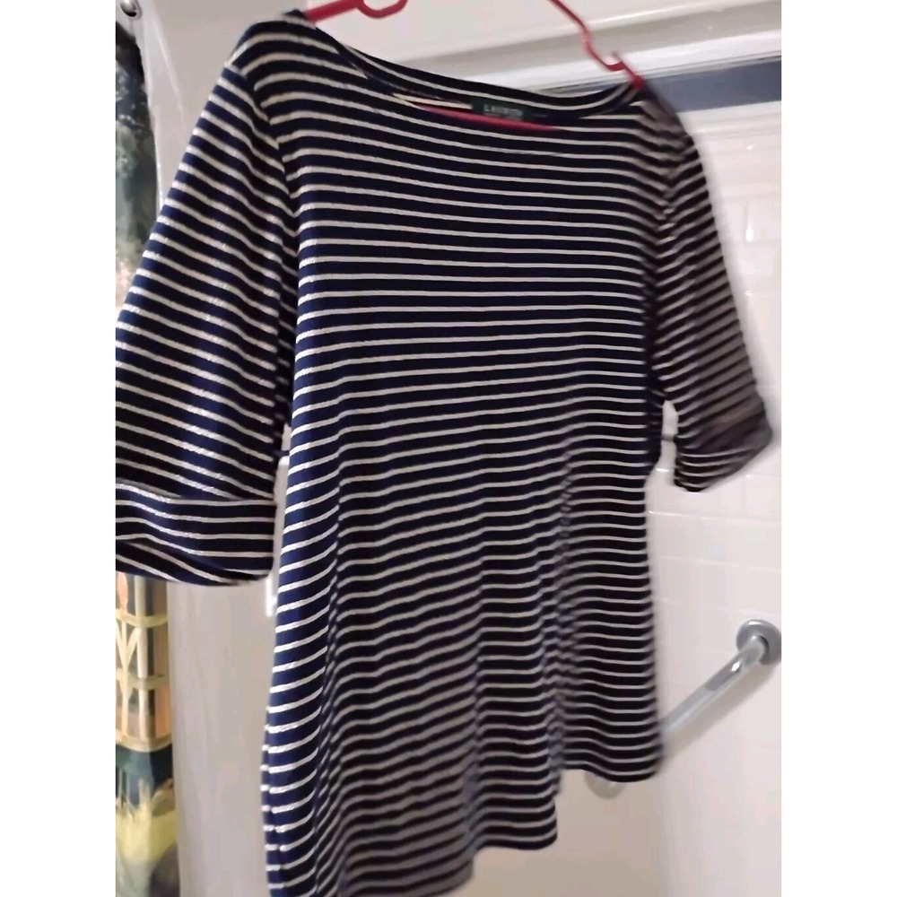 Lauren Ralph Lauren Top XL womens Navy Blue Metallic Gold Knit Stripe 1/2 sleeve
